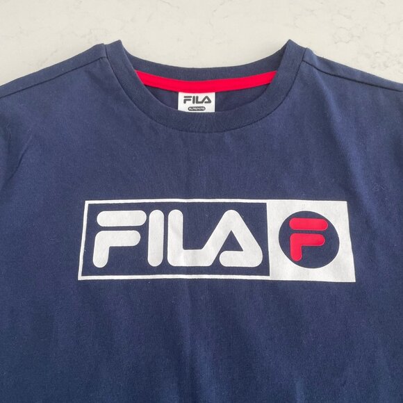 FILA Short Sleeve Crew Neck Cotton Poly Blend T Shirt Top Blue Wht Red Sz S NWOT - Picture 3 of 8